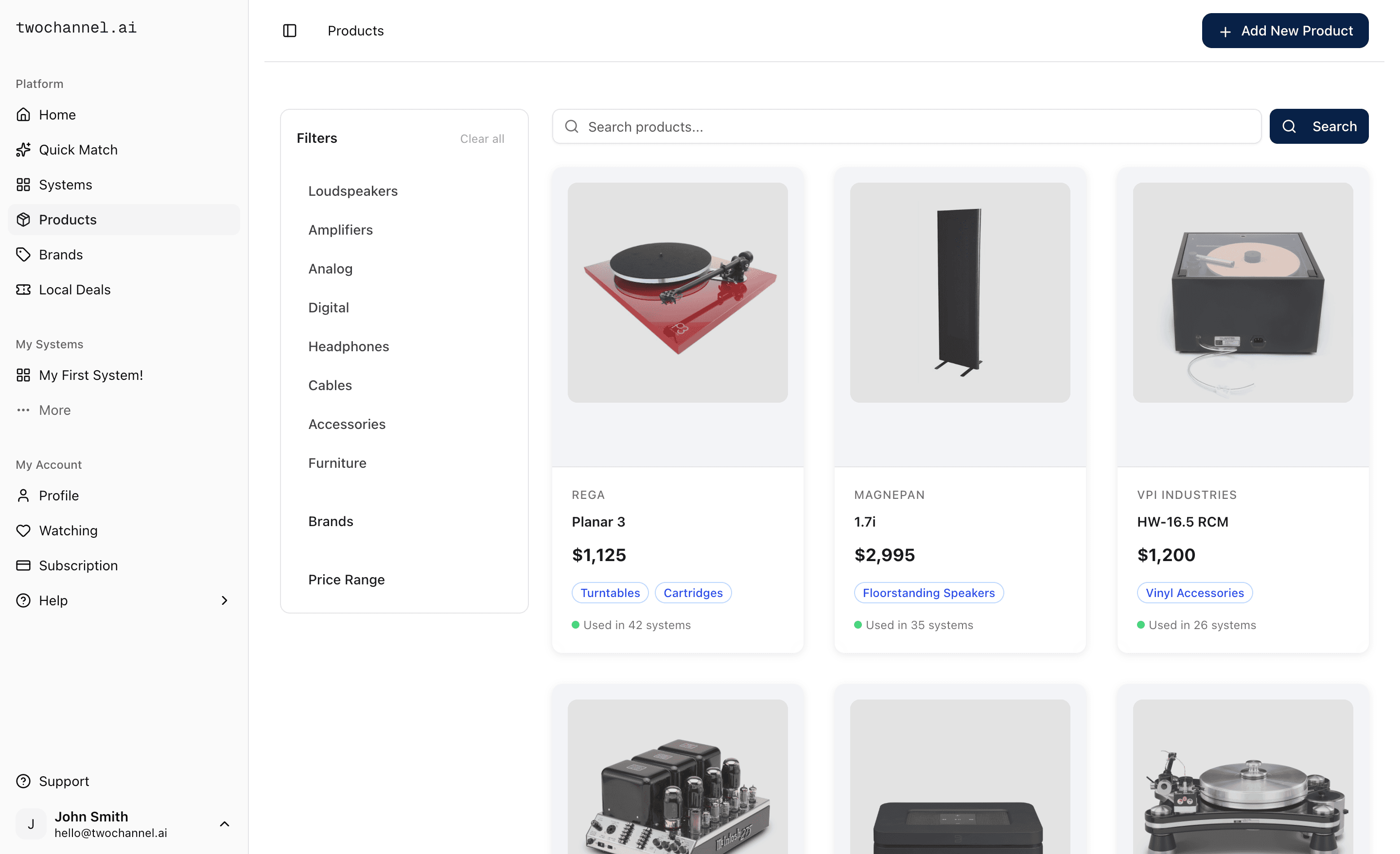Product browsing interface with filters for categories, brands, and price ranges