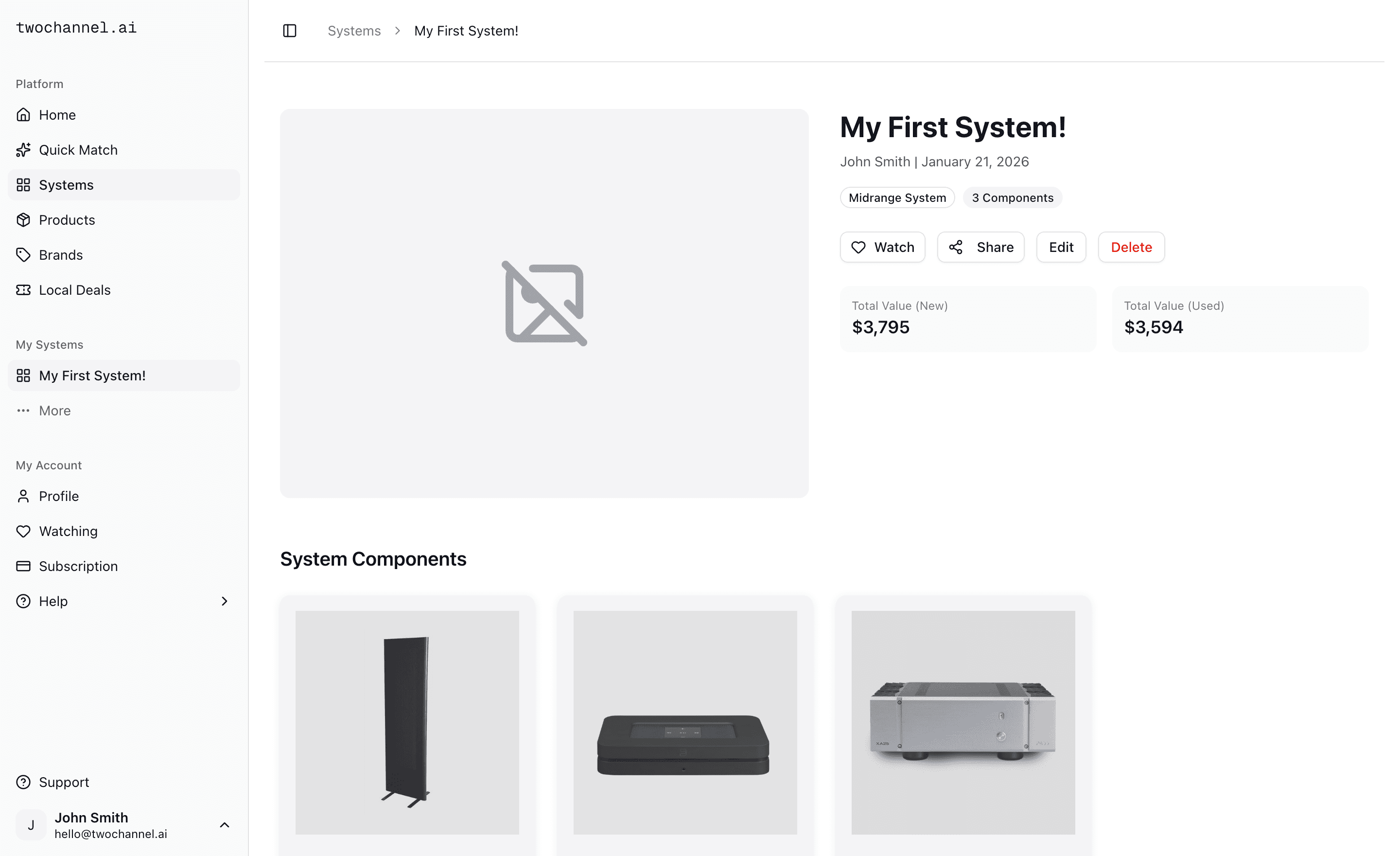 System sharing interface showing a completed stereo system ready to publish