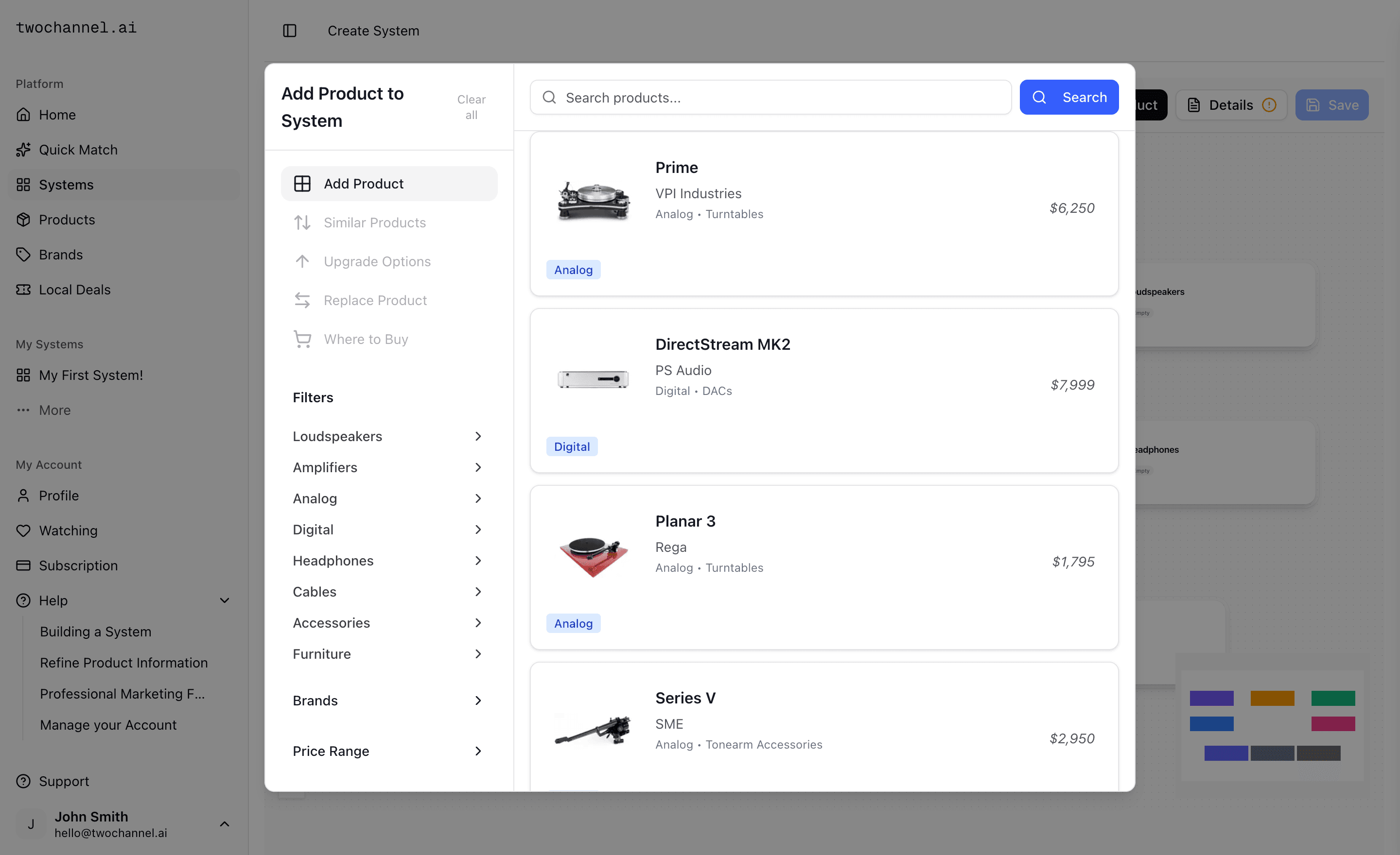 System builder showing components being added to an audio system